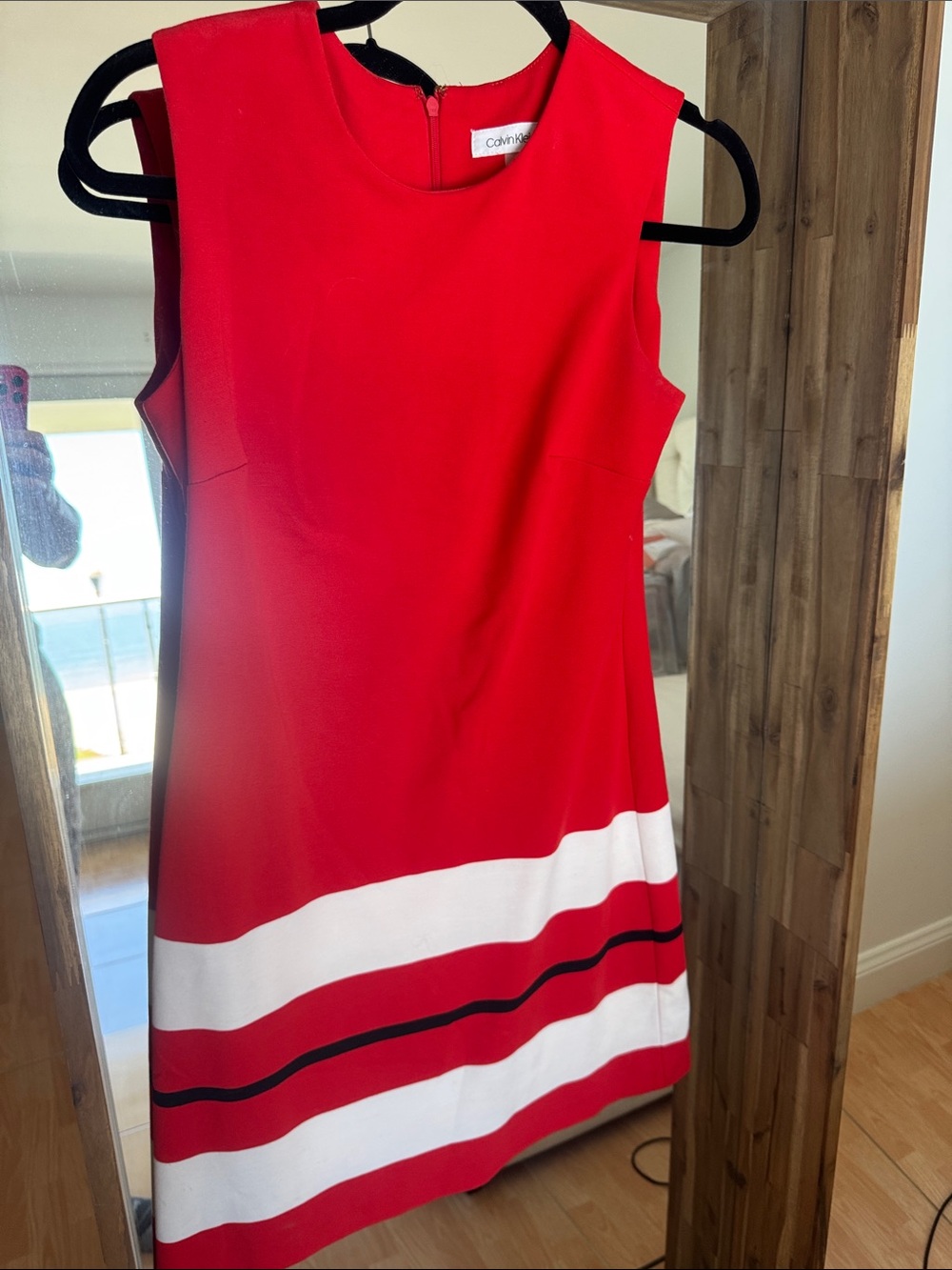 Calvin Klein Red Dress with White and Black Stripe Hem
